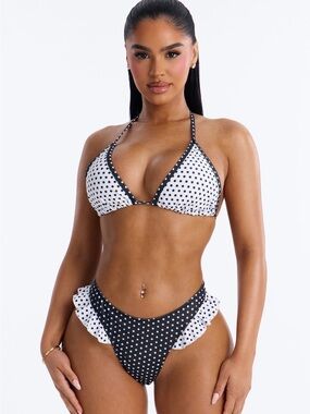 SHEIN Polka dot & Ruffle black and white bikini set NWOT